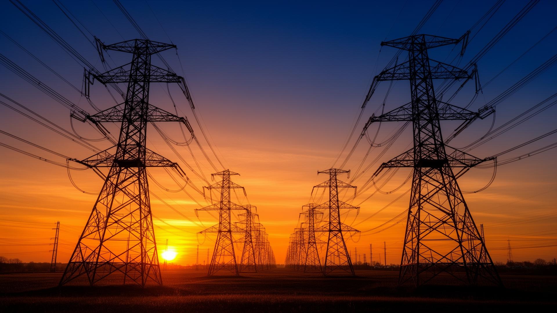 High voltage transmission towers at sunset